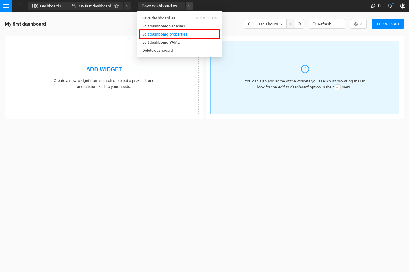 Edit dashboard properties location